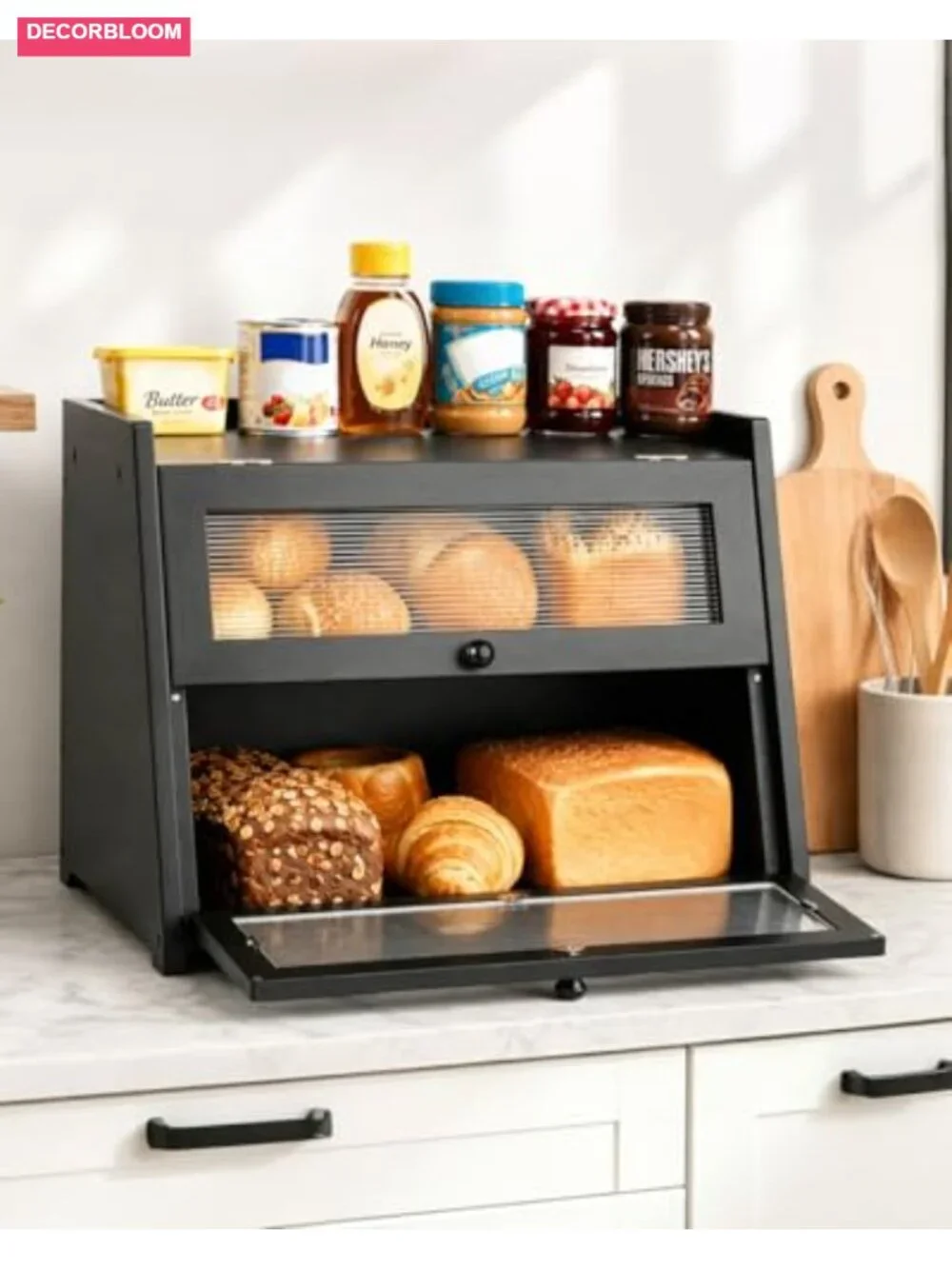 Double Layer Bread Box with Magnetic Acrylic Door, Countertop Food Storage